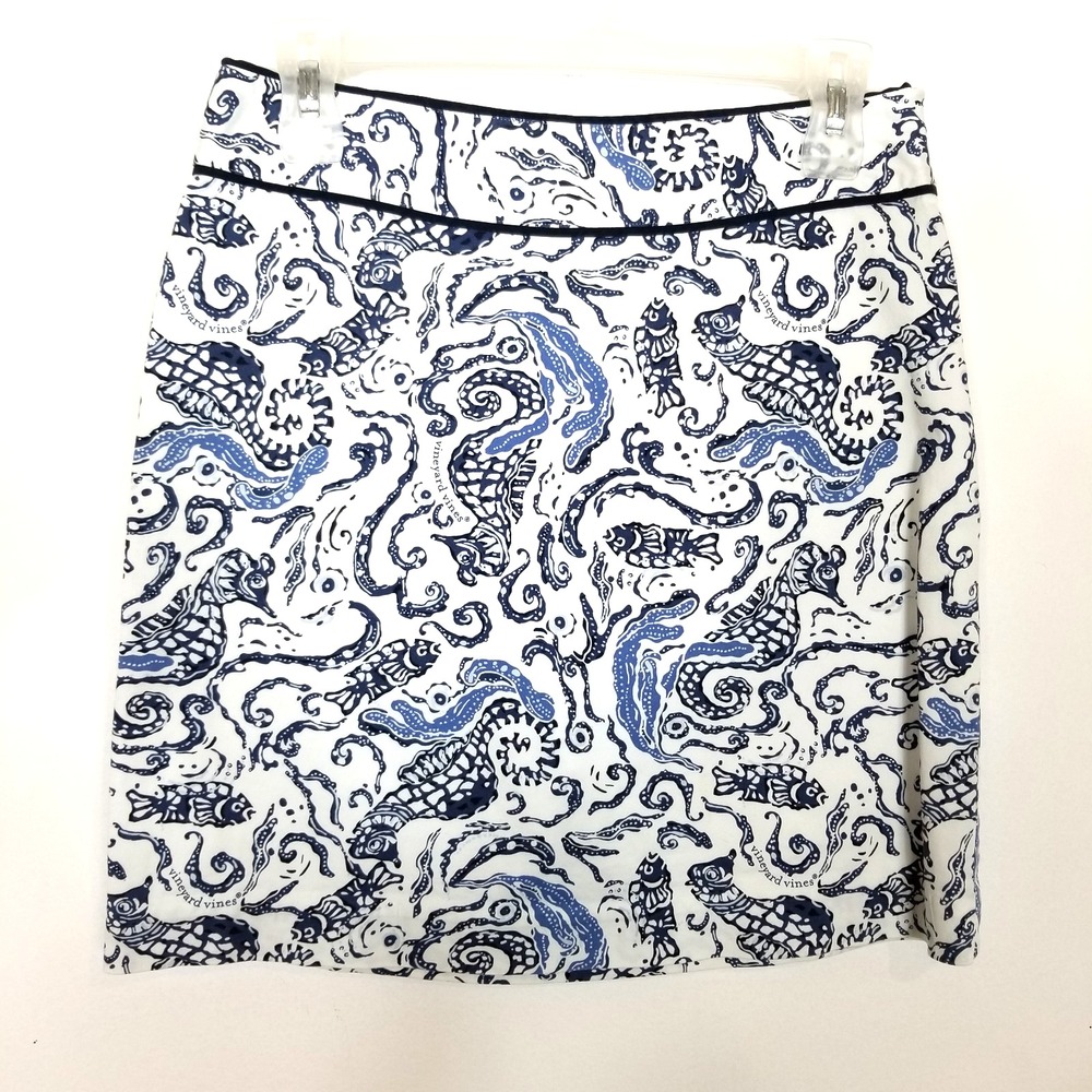 Vineyard Vines Seahorse Mini Skirt Sz 2 Blue White Cotton Blend Summer Beach